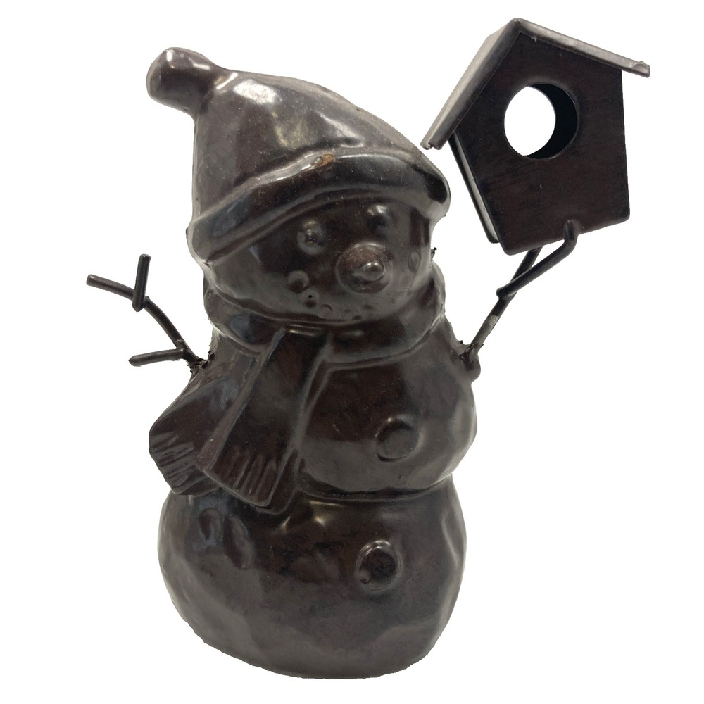 Heavy Metal Bronze Color Snowman Figurine Birdhouse Statue 5"